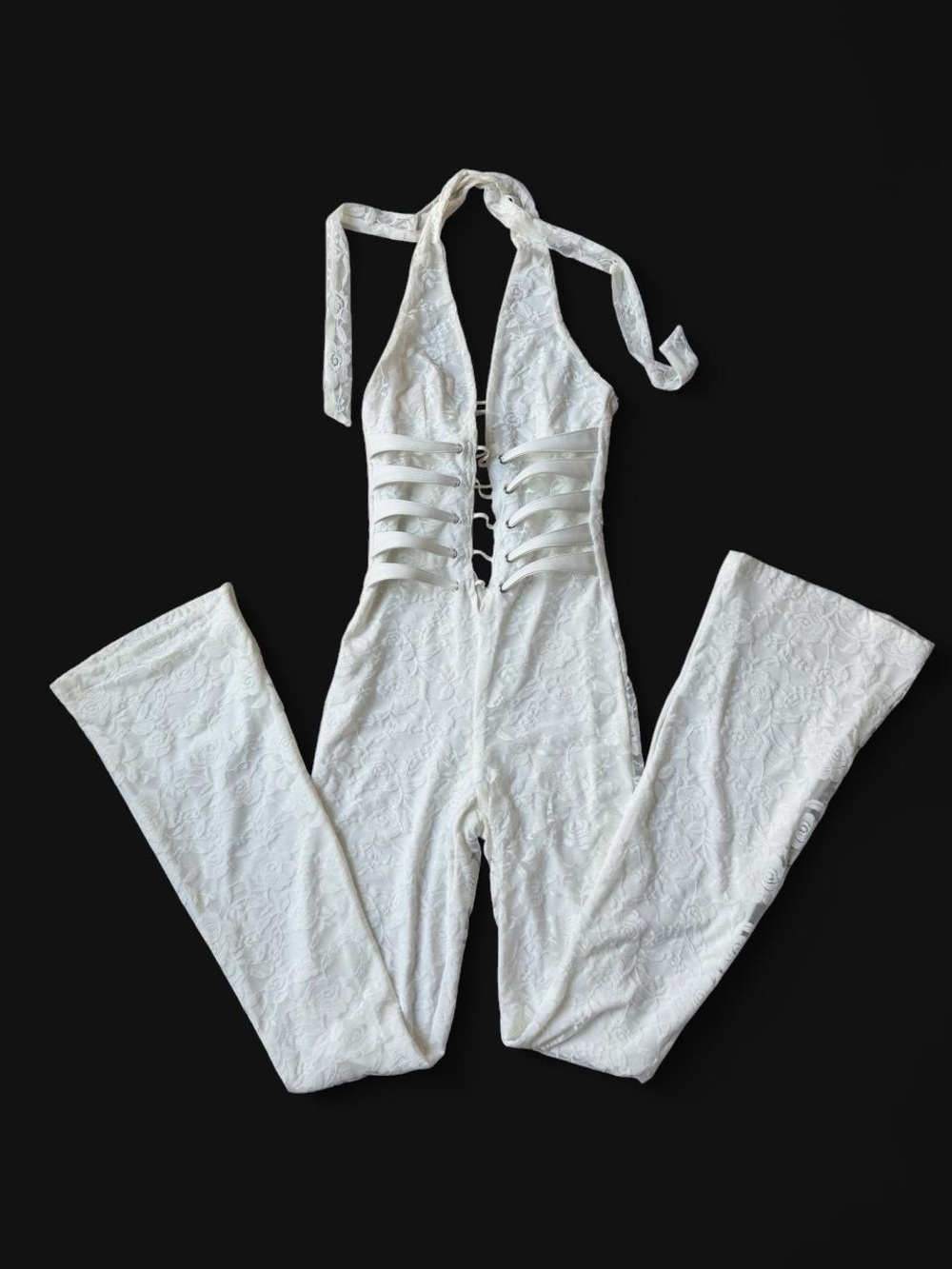 Outcast Clothing Sawyer white lace jumpsuit with lace up back, size S
